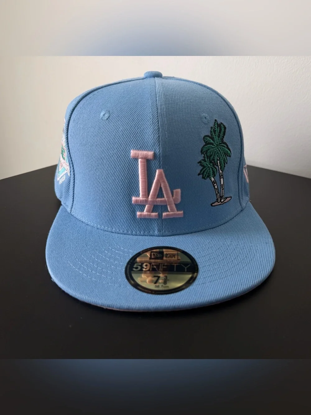 New Era Light Blue LA Palm Fitted Cap with Pink Logo